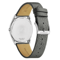 Dos de montre Citizen, acier inoxydable, bracelet cuir, Eco-Drive, résistant à l'eau, cristal saphir