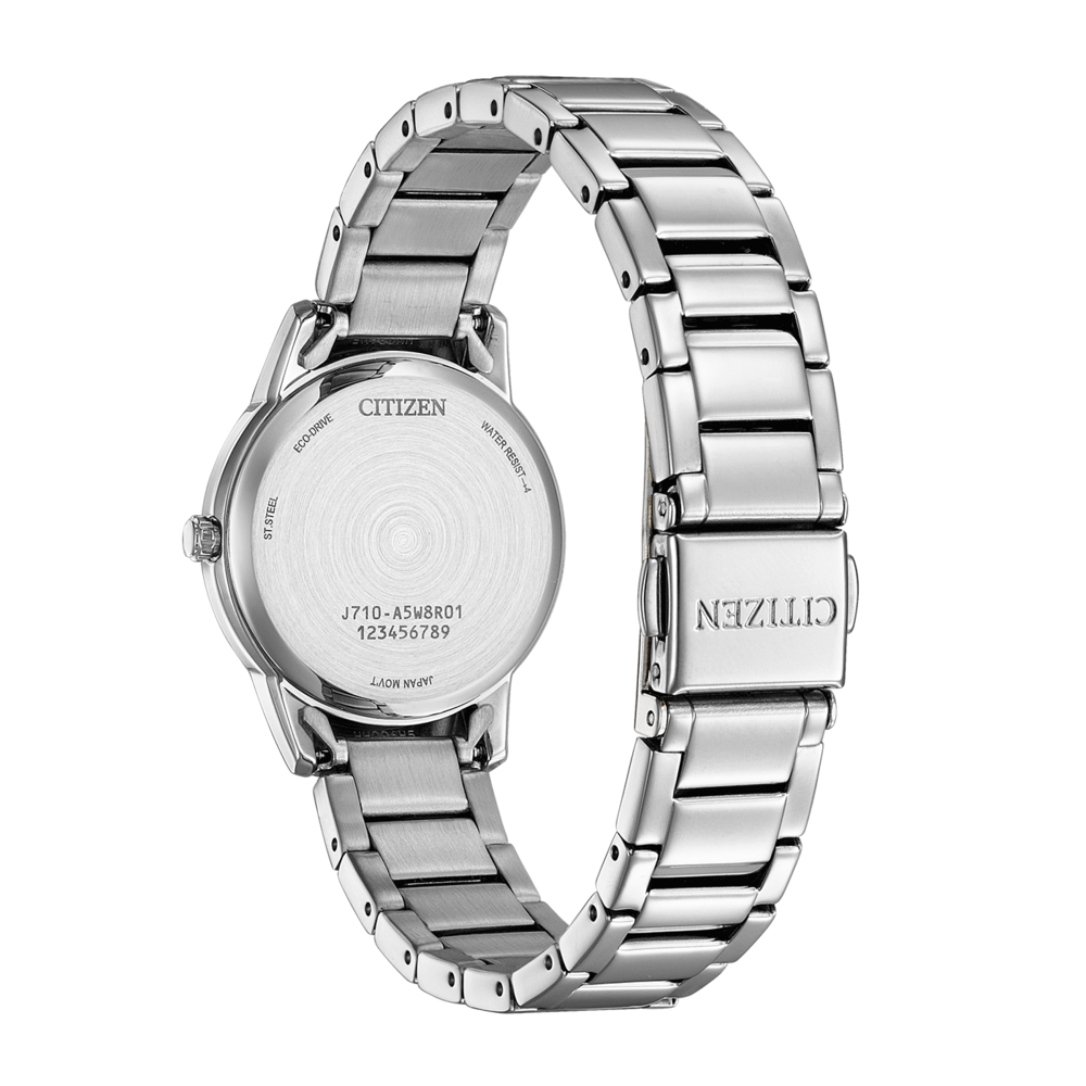 Dos de montre Citizen, acier inoxydable, Eco-Drive, résistant à l'eau, mouvement japonais.