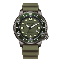 Montre Citizen avec cadran et bracelet verts, Eco-Drive, plongeur 200m, affichage de la date.