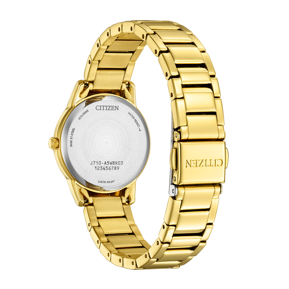 Montre Citizen, dorée, vue arrière, Eco-Drive, résistante à l'eau, mouvement japonais.