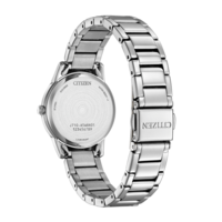 Dos de montre Citizen, acier inoxydable, Eco-Drive, résistant à l'eau, mouvement japonais.