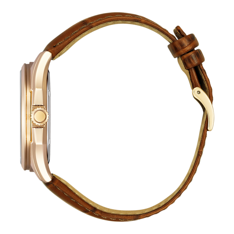 Vue latérale d'une montre dorée avec un bracelet en cuir marron.