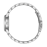 Vue latérale d'une montre-bracelet argentée avec bracelet et fermoir en métal.