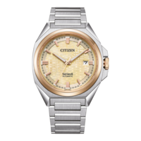 Montre automatique Citizen Series 8 avec des accents or et argent et un affichage de la date.