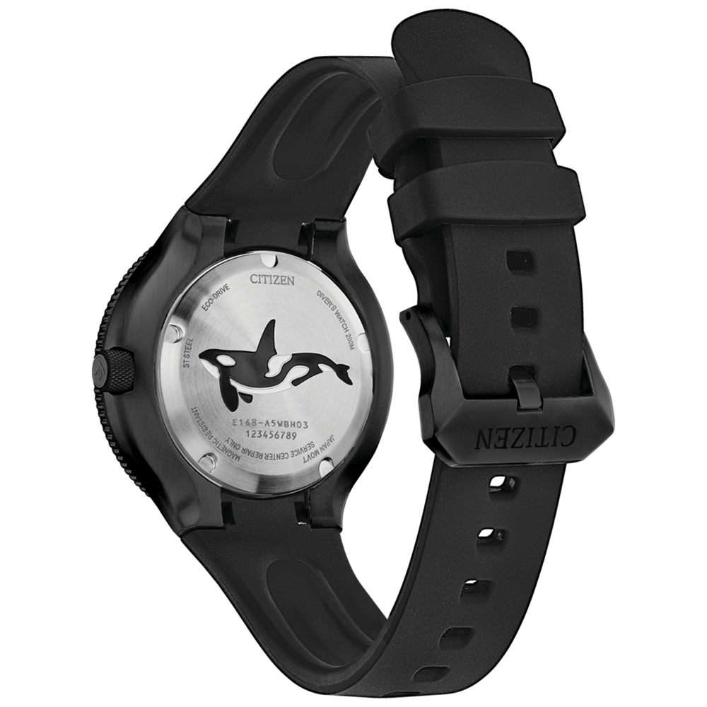 Montre Citizen avec bracelet noir et motif d'orque au dos.