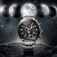 Montre Citizen avec lunes dans l'espace, Eco-Drive, radio-pilotée, titane.