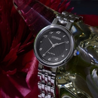 Montre Citizen avec cadran noir, bracelet argenté et technologie Eco-Drive.