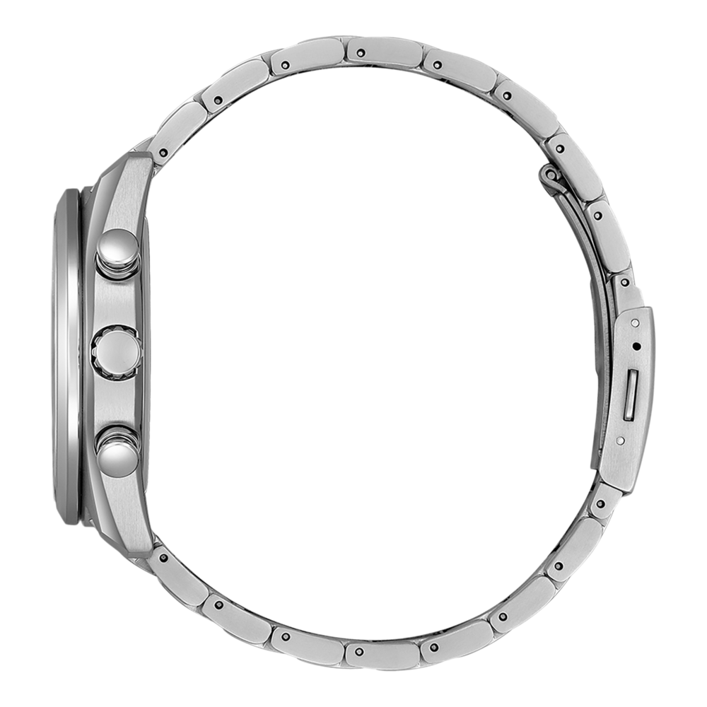 Vue latérale d'une montre-bracelet argentée avec bracelet et boutons en métal.