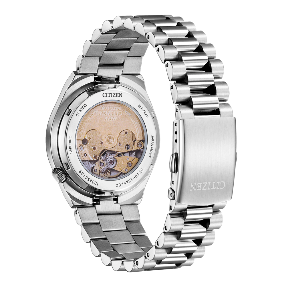 Dos de montre Citizen, acier, saphir, mouvement japonais, étanchéité 5 bar, automatique