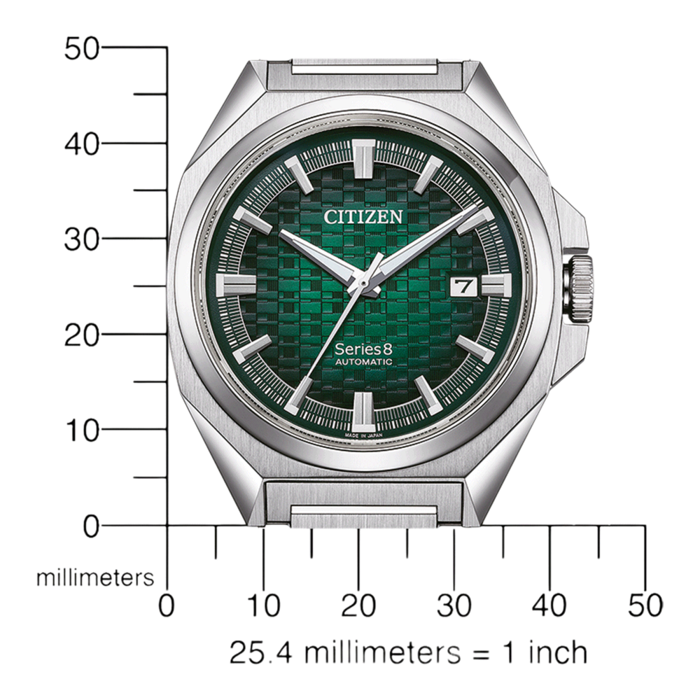 Montre automatique Citizen Series 8 avec cadran vert et échelle en millimètres.