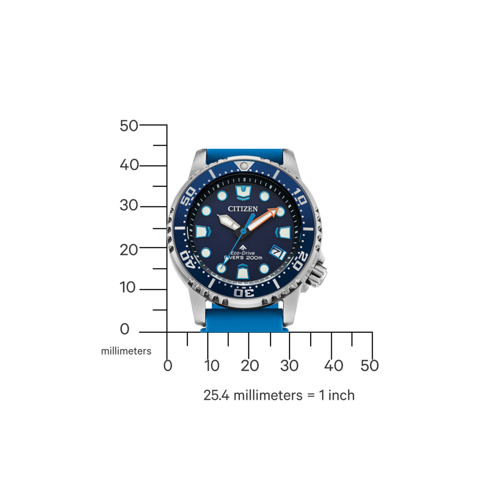 Montre Citizen avec bracelet et cadran bleus, échelle de mesure en millimètres.