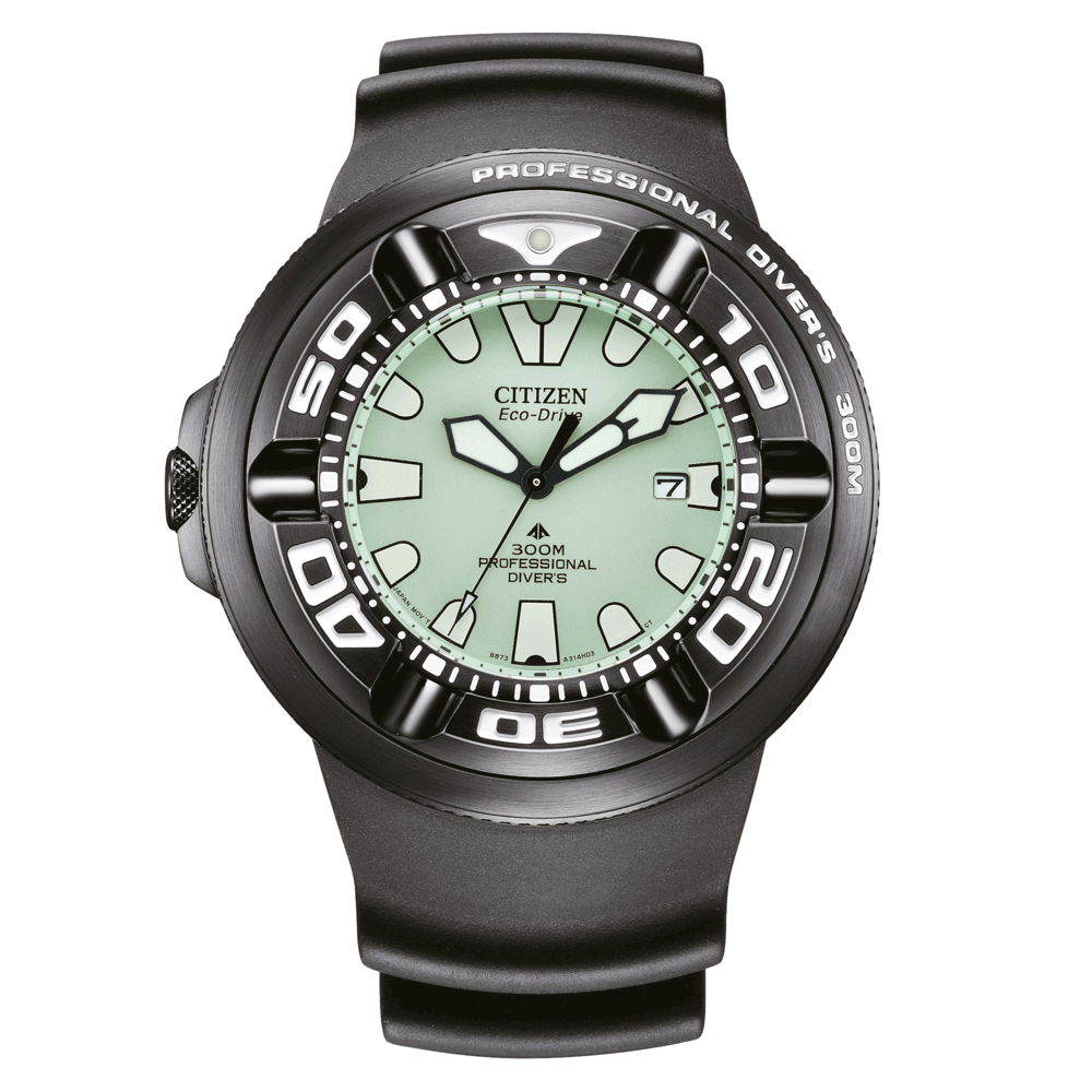 Montre Citizen Eco-Drive noire avec cadran vert, montre de plongée professionnelle.