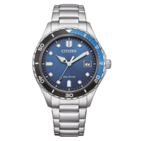 Montre Citizen avec cadran bleu et bracelet argenté, technologie Eco-Drive.