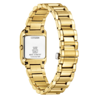 Montre Citizen dorée avec un cadran rectangulaire et un bracelet en métal.