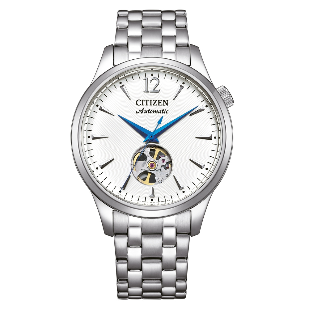 Montre automatique Citizen avec bracelet argenté et aiguilles bleues sur cadran blanc.