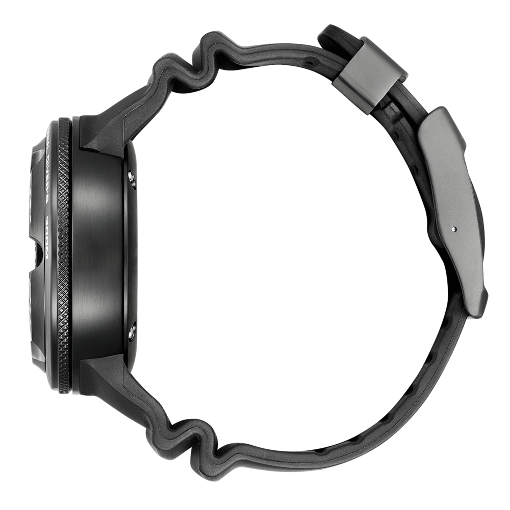 Montre noire avec bracelet ondulé, vue latérale, isolée sur fond blanc.