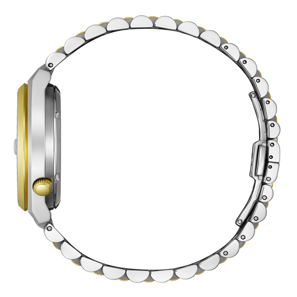Vue latérale d'une montre-bracelet argent et or avec un bracelet en métal.