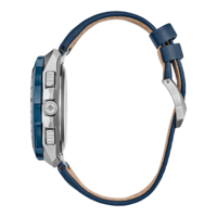 Vue latérale d'une montre bleue avec un bracelet en cuir bleu