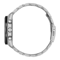 Vue latérale d'une montre-bracelet argentée avec cadran noir et bracelet en métal.