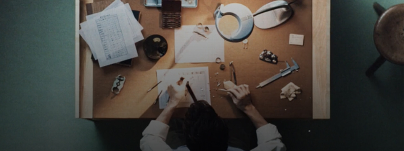 Joaillier au travail, fabriquant des bijoux sur un bureau en bois avec des outils et des papiers.