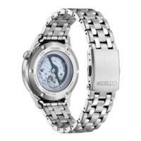Citizen montre dos, acier inoxydable, mécanisme visible, bracelet, gros plan, détail