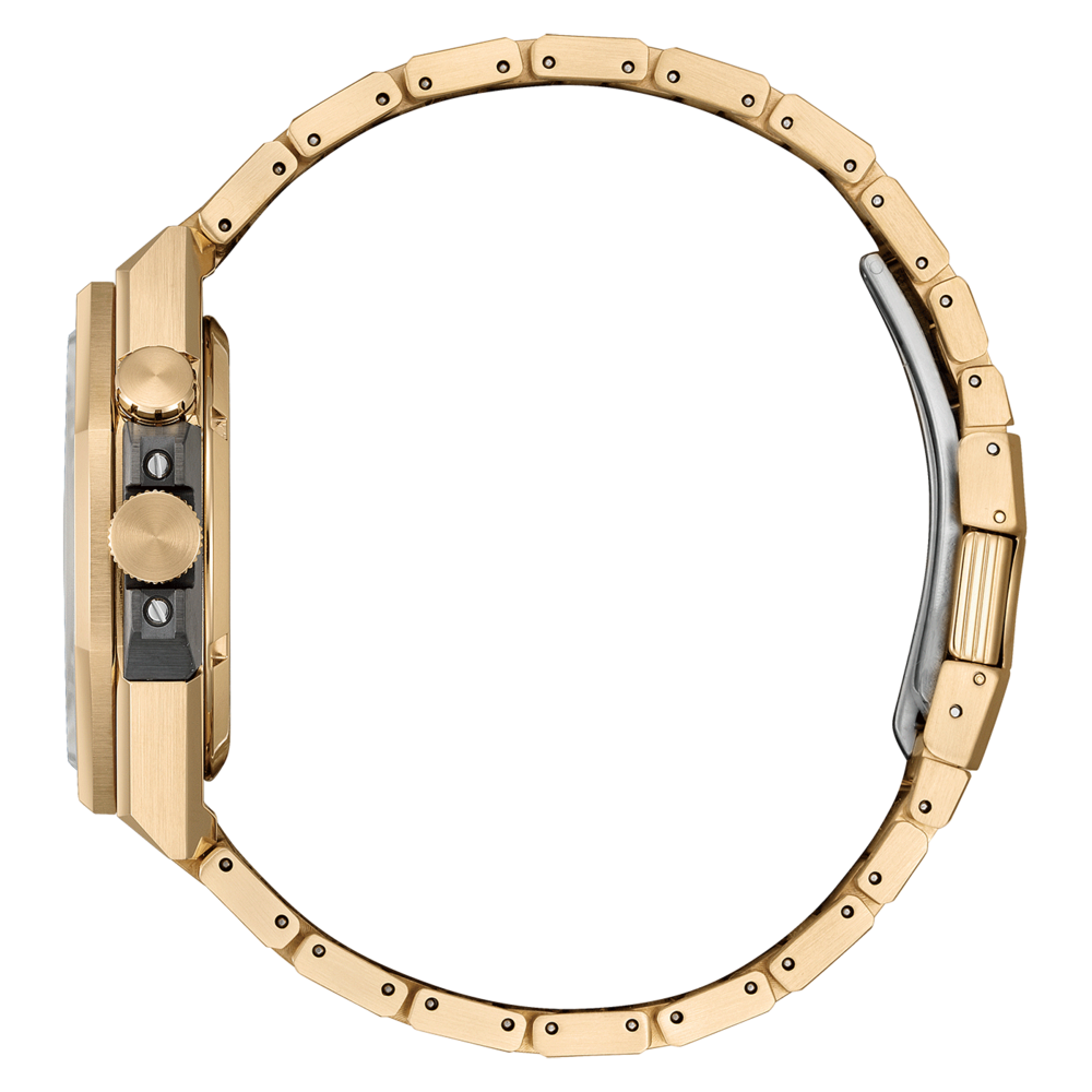 Vue latérale d'une montre en or, montrant le bracelet et les détails du cadran.