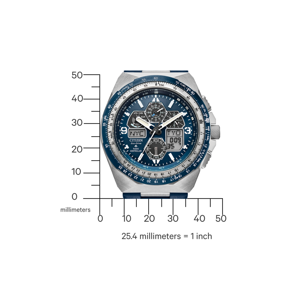 Montre Citizen avec cadran bleu et boîtier argenté, affichant l'heure et la date.