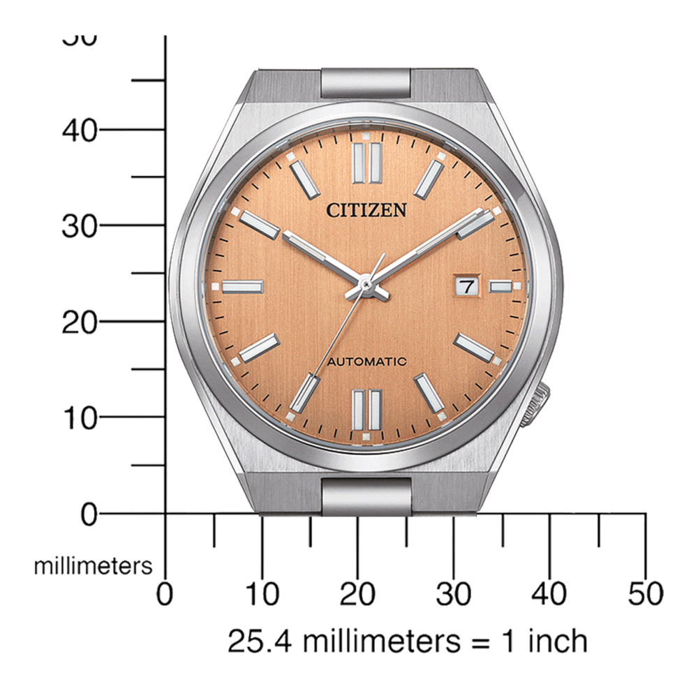 Montre Citizen avec cadran pêche, échelle de mesure en millimètres et pouces.