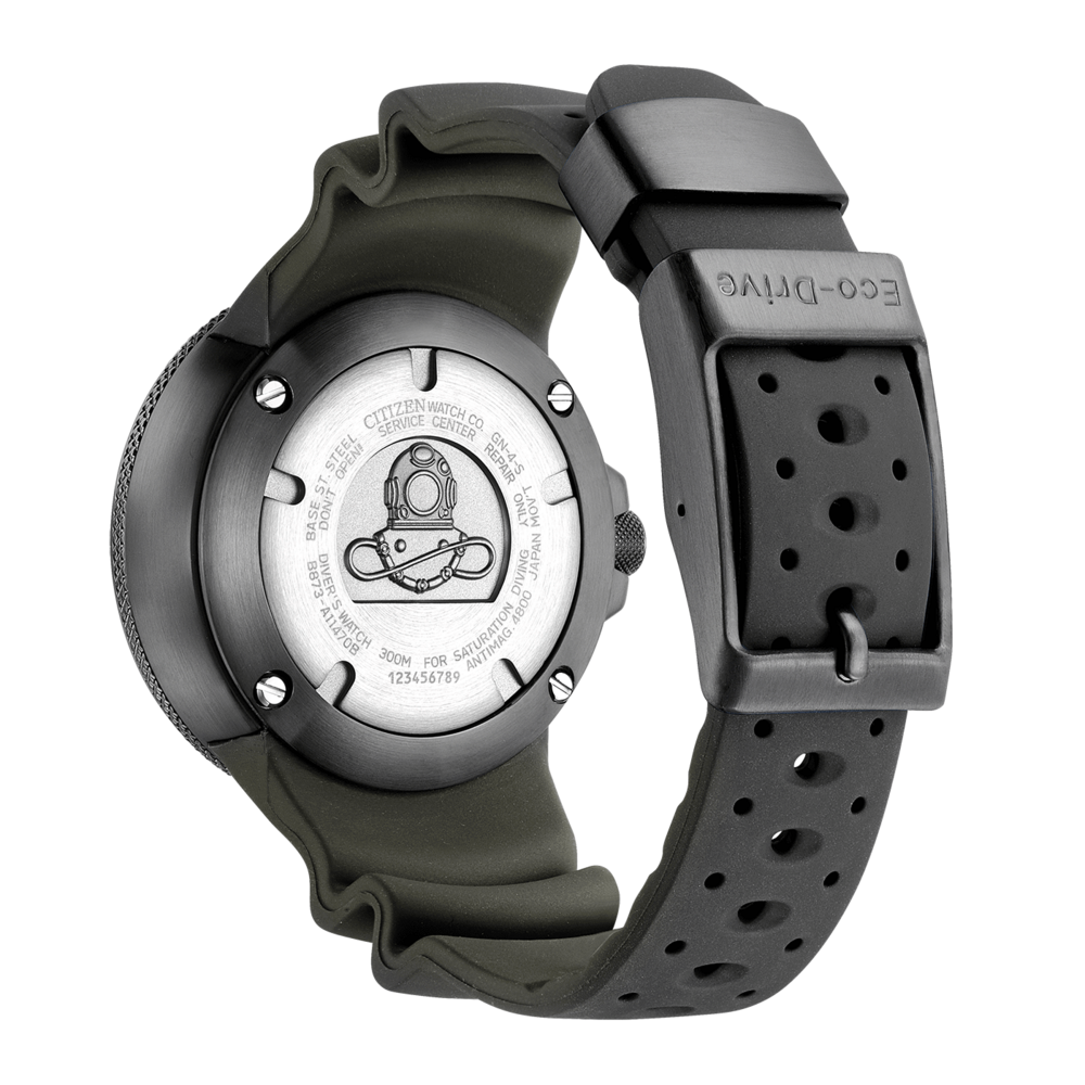 Montre Citizen, dos, montre de plongée, Eco-Drive, acier, noir, bracelet caoutchouc, 300m, centre de service