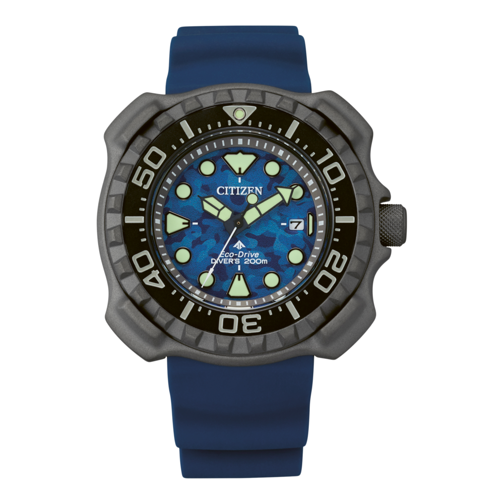 Montre Citizen avec cadran camouflage bleu et bracelet bleu, montre de plongée