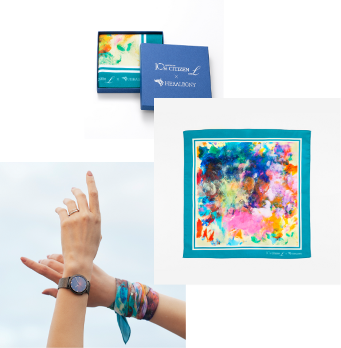 Montre Citizen L, écharpe et boîte. Design artistique abstrait coloré.