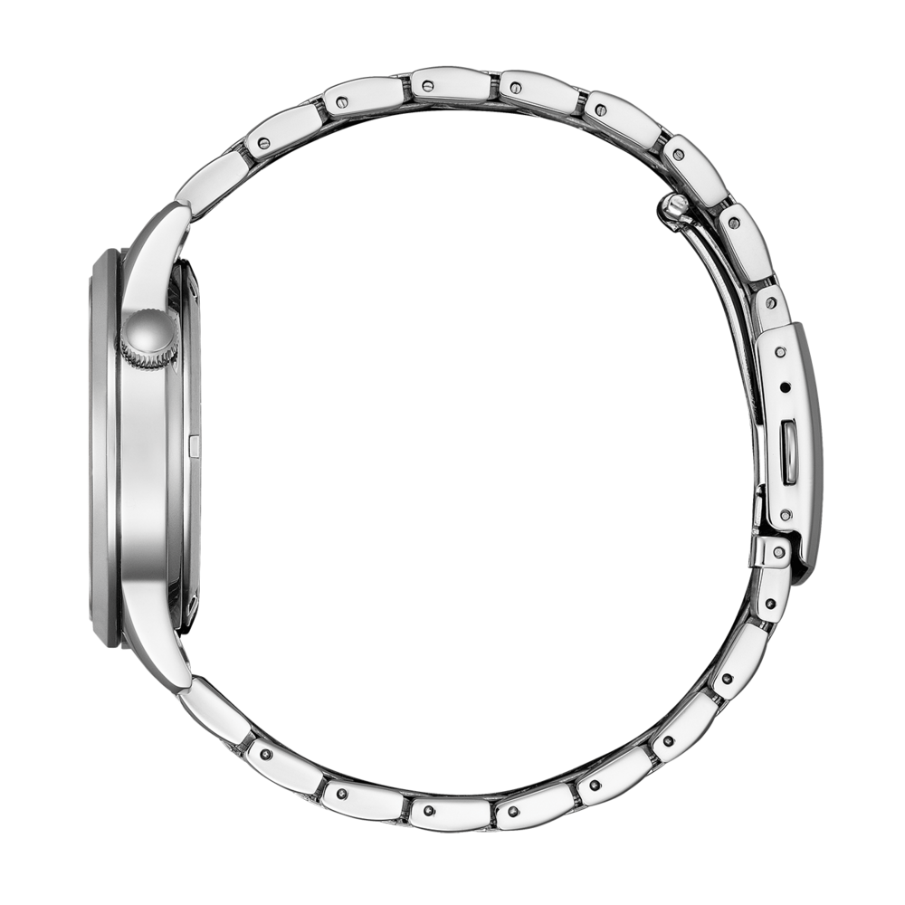Vue latérale d'une montre-bracelet argentée avec bracelet en métal, design élégant.