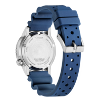 Dos de montre Citizen, bracelet bleu, Eco-Drive, Diver's Watch 200M, acier inoxydable