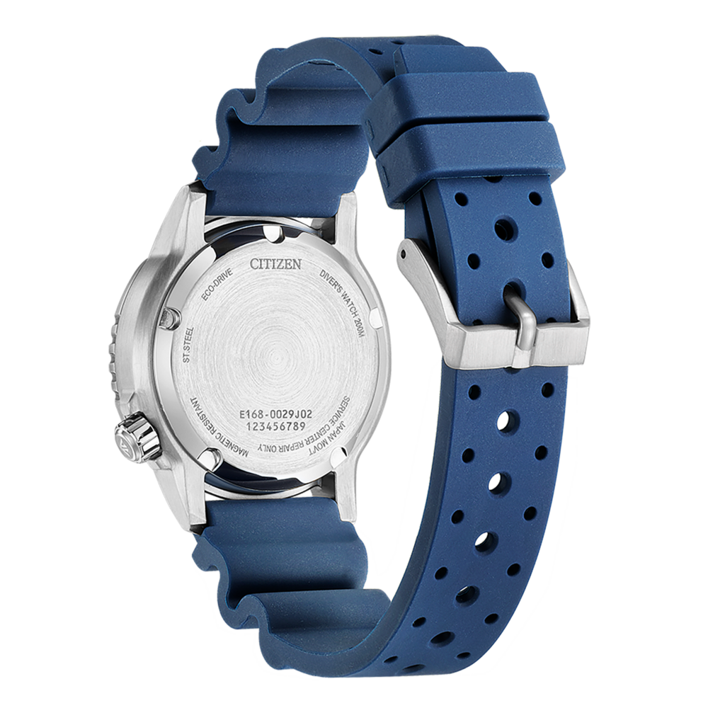 Dos de montre Citizen, bracelet bleu, Eco-Drive, Diver's Watch 200M, acier inoxydable