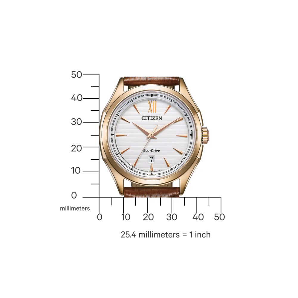 Montre Citizen Eco-Drive avec cadran blanc et bracelet en cuir marron, boîtier doré.