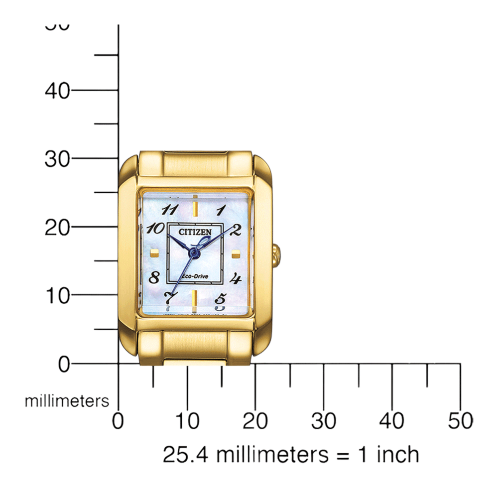 Montre Citizen dorée avec une règle indiquant les millimètres et les pouces pour la mesure.