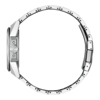 Vue latérale d'une montre-bracelet argentée avec un bracelet en métal et un cadran rond.