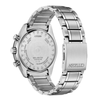 Dos de montre Citizen avec détails des fuseaux horaires, numéro de modèle et caractéristiques.