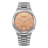 Montre Citizen avec cadran saumon et bracelet en acier inoxydable.