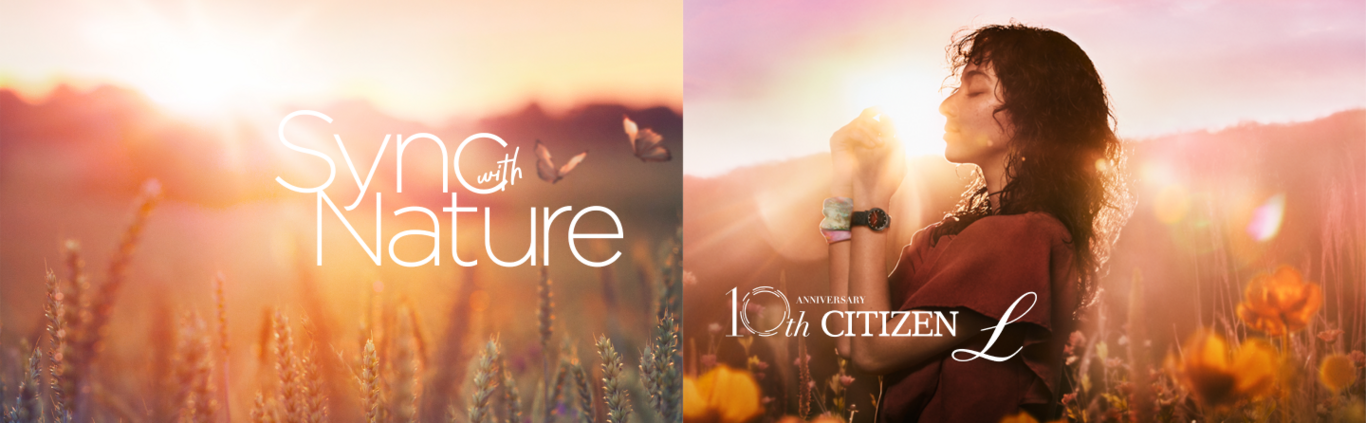 Femme dans un champ avec une montre, 'Sync with Nature' et '10th Anniversary Citizen L'