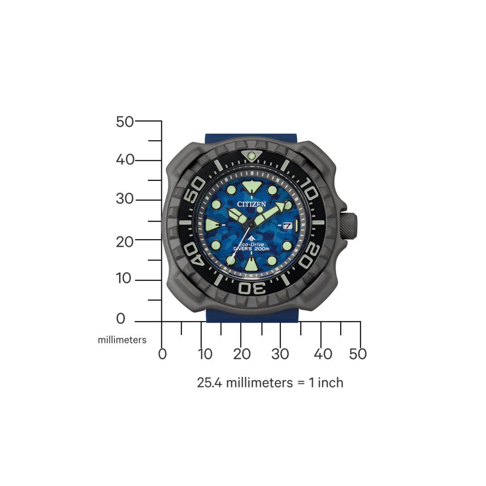 Montre Citizen avec cadran bleu, lunette noire et bracelet bleu. Eco-Drive Diver's 200m.