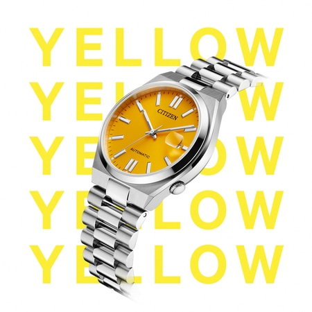 Montre Citizen avec cadran jaune et bracelet argenté, avec texte 'YELLOW' jaune.