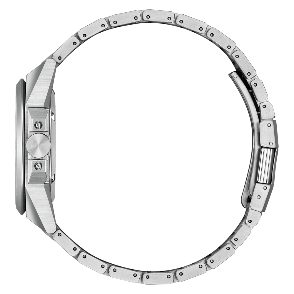 Vue latérale d'une montre argentée avec bracelet en métal, design élégant.