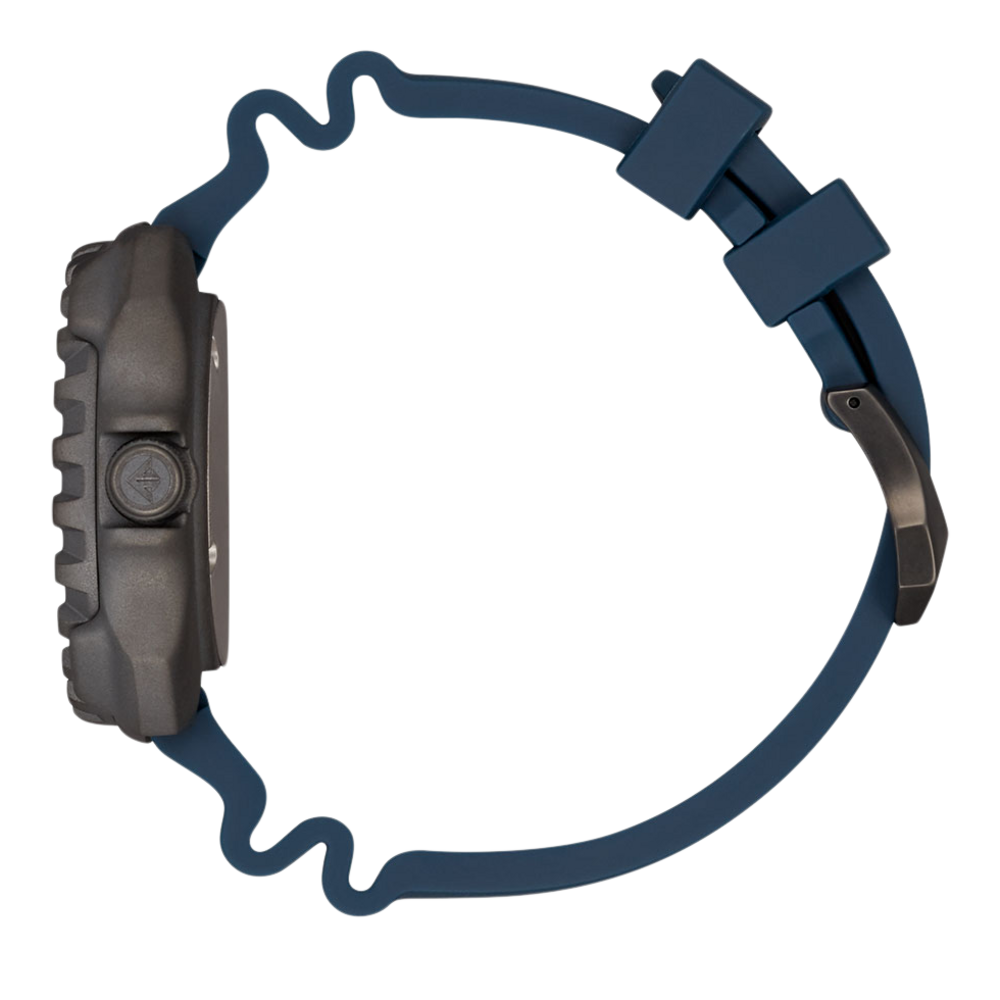 Vue latérale d'une montre gris foncé avec un bracelet bleu.