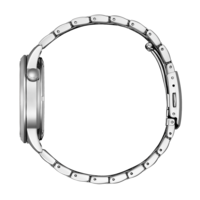 Vue latérale d'une montre-bracelet argentée avec bracelet en métal, design élégant.