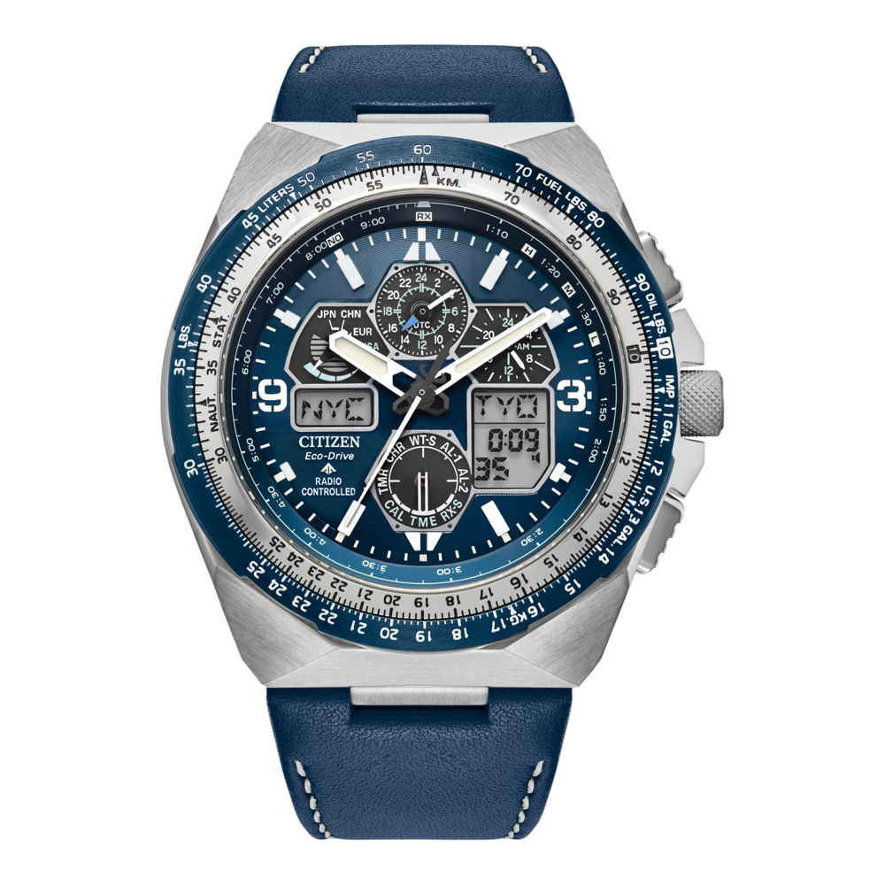 Montre Citizen avec cadran bleu, bracelet en cuir et multiples fonctions pour l'aviation.