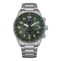 Montre Citizen avec cadran vert, tachymètre et bracelet en acier inoxydable. Eco-Drive.