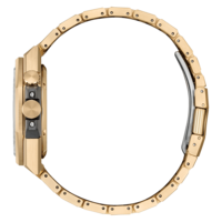 Vue latérale d'une montre en or, montrant le bracelet et les détails du cadran.
