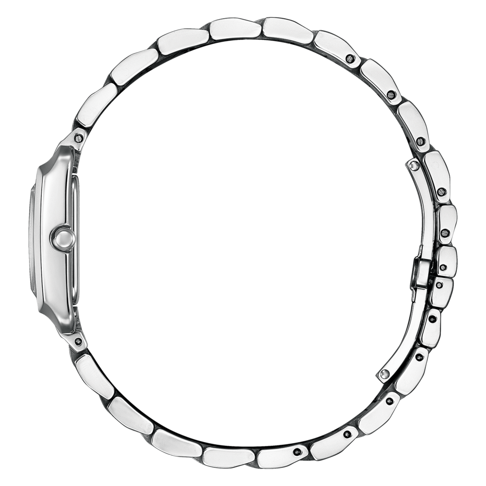 Vue latérale d'une montre-bracelet argentée avec bracelet en métal, design élégant.