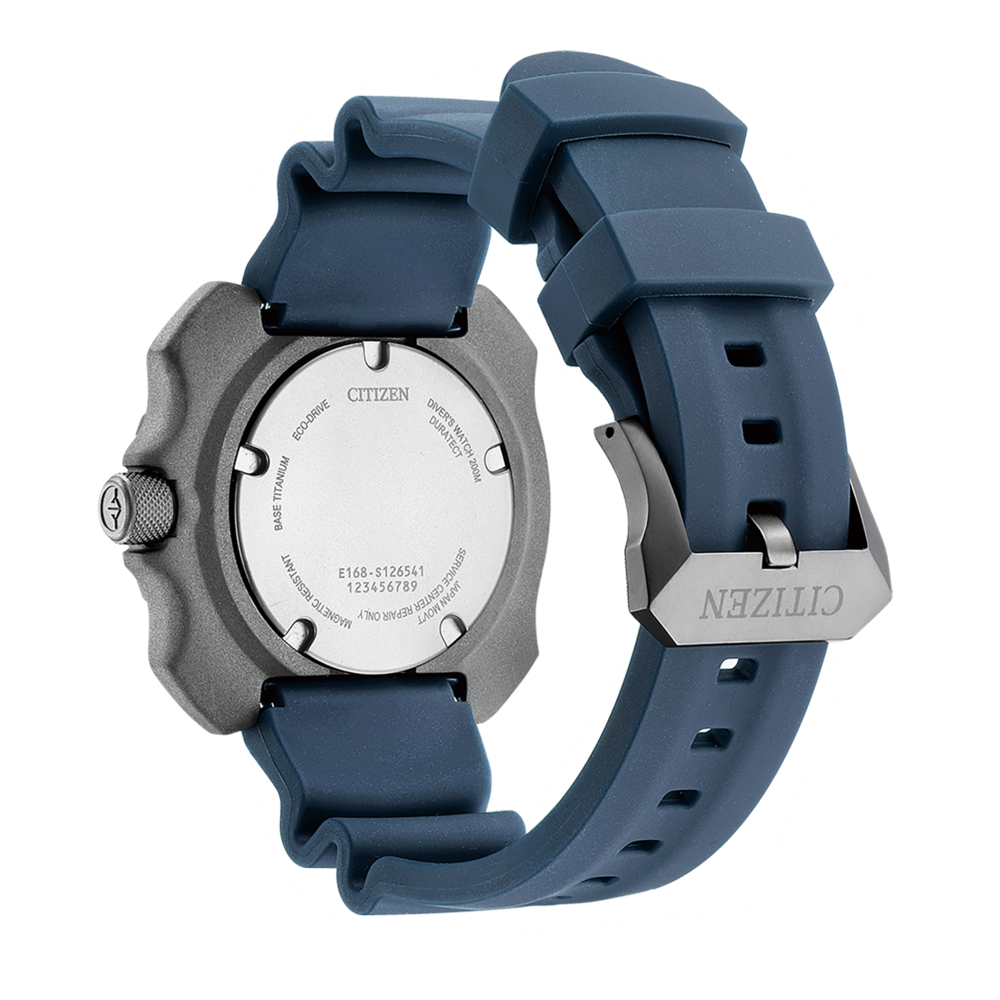 Dos de montre Citizen, titane, bracelet bleu, Eco-Drive, montre de plongée, résistant magnétique